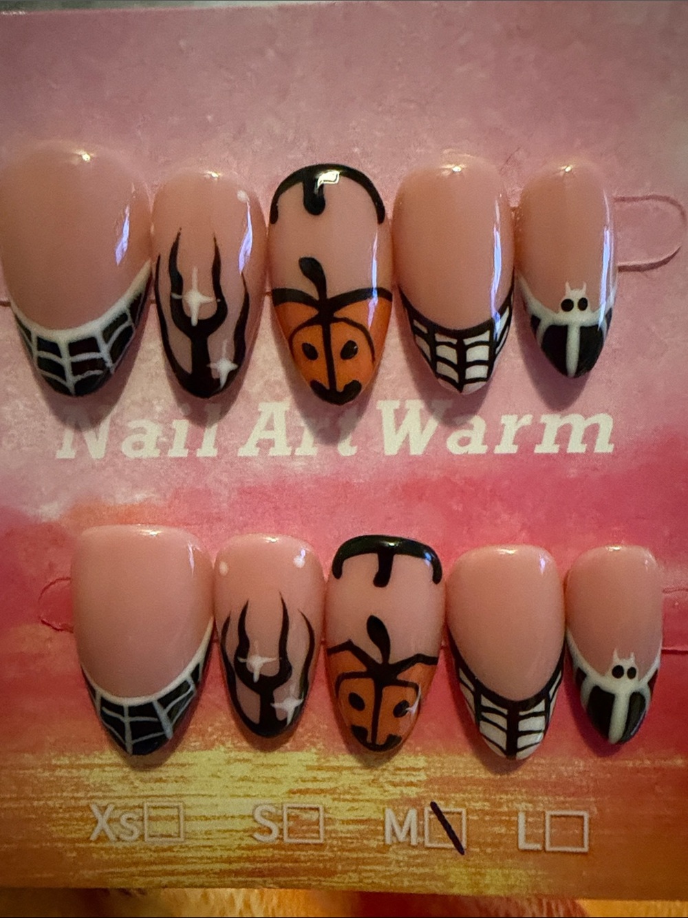 Nude Halloween Nail Art Set with Pumpkin and Spider Web Accents